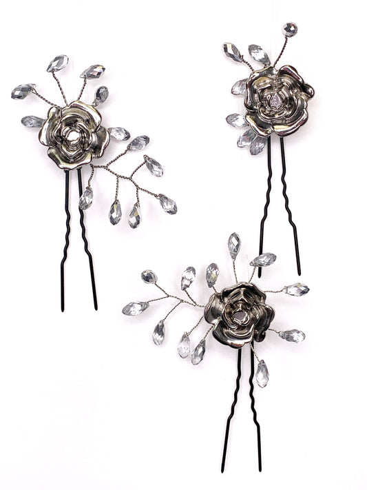 Hairpins - silver-colored roses trio